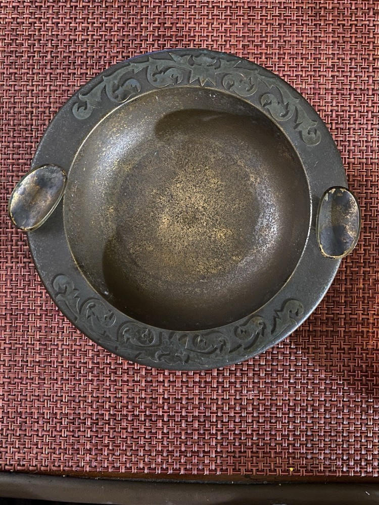 Amber glass ashtray with metal frame