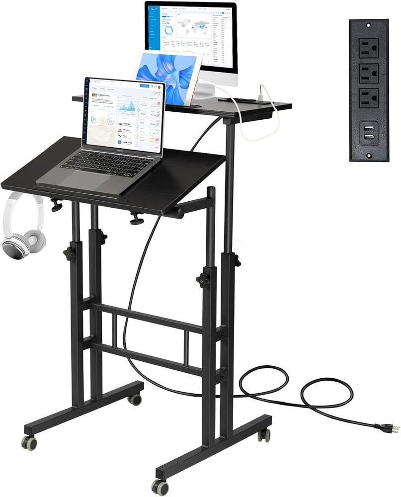 Mobile Standing Desk W/ Charging Station Adjustable Standing Computer Desk