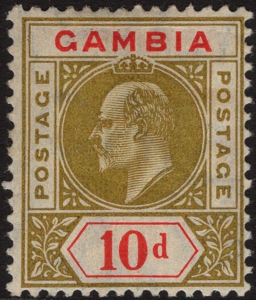 GAMBIA-1905 10d Olive & Carmine Sg 66 MOUNTED MINT