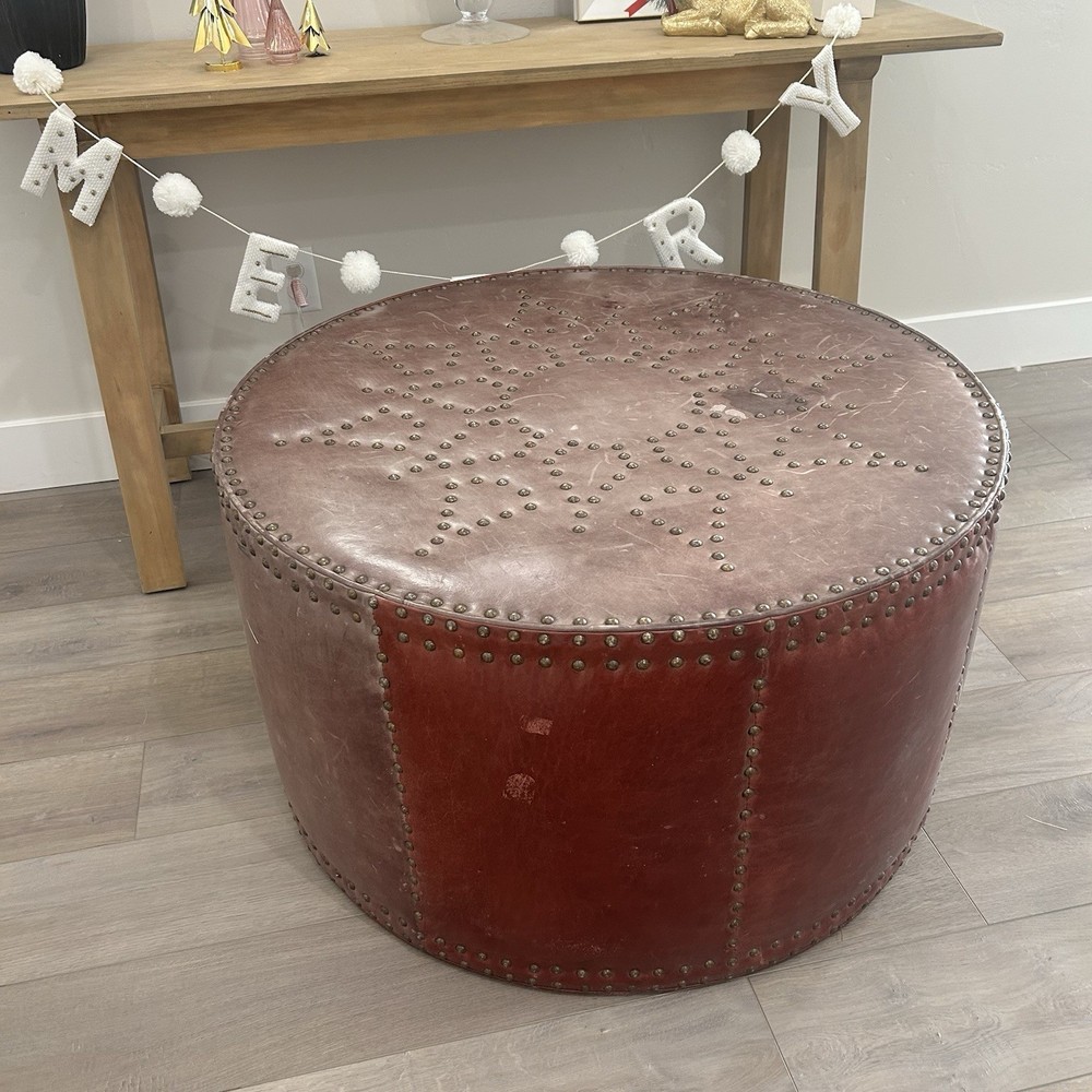 Handmade Lee Industries Leather Studded Round Ottoman Coffee Table