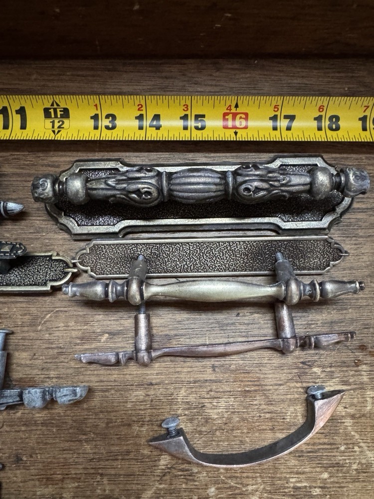 Assorted Antique Brass Drawer Pulls Set of 13 Various Sizes