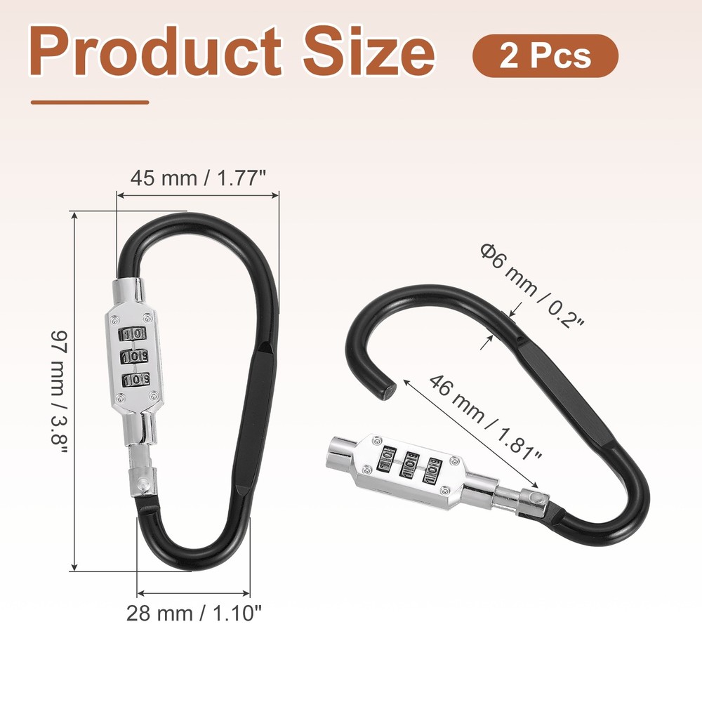 2 Pcs 3.8" x 1.8" D-Shaped 3-Digit Code Combination Lock D-Ring Clip, Black