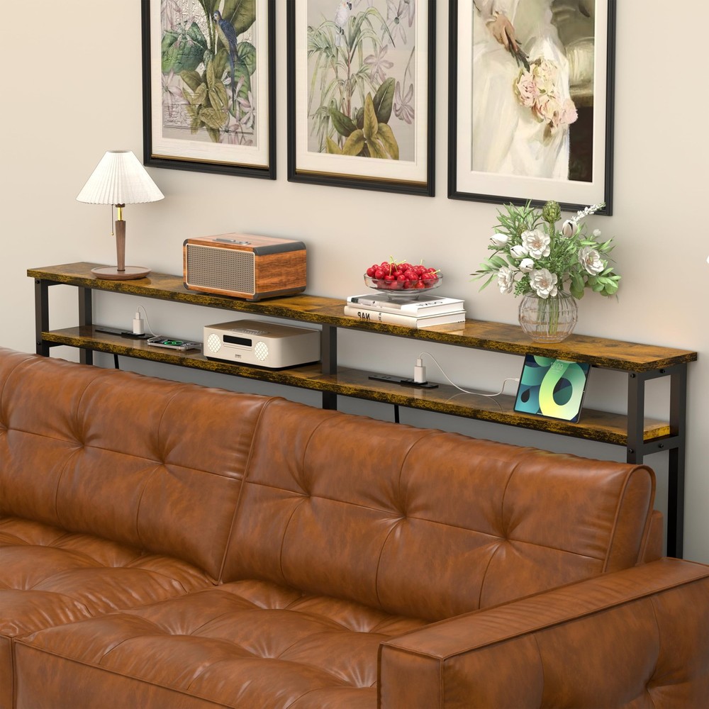 Keelian 78 Inch Double-Layer Narrow Console 78" double-deck, Rustic Brown