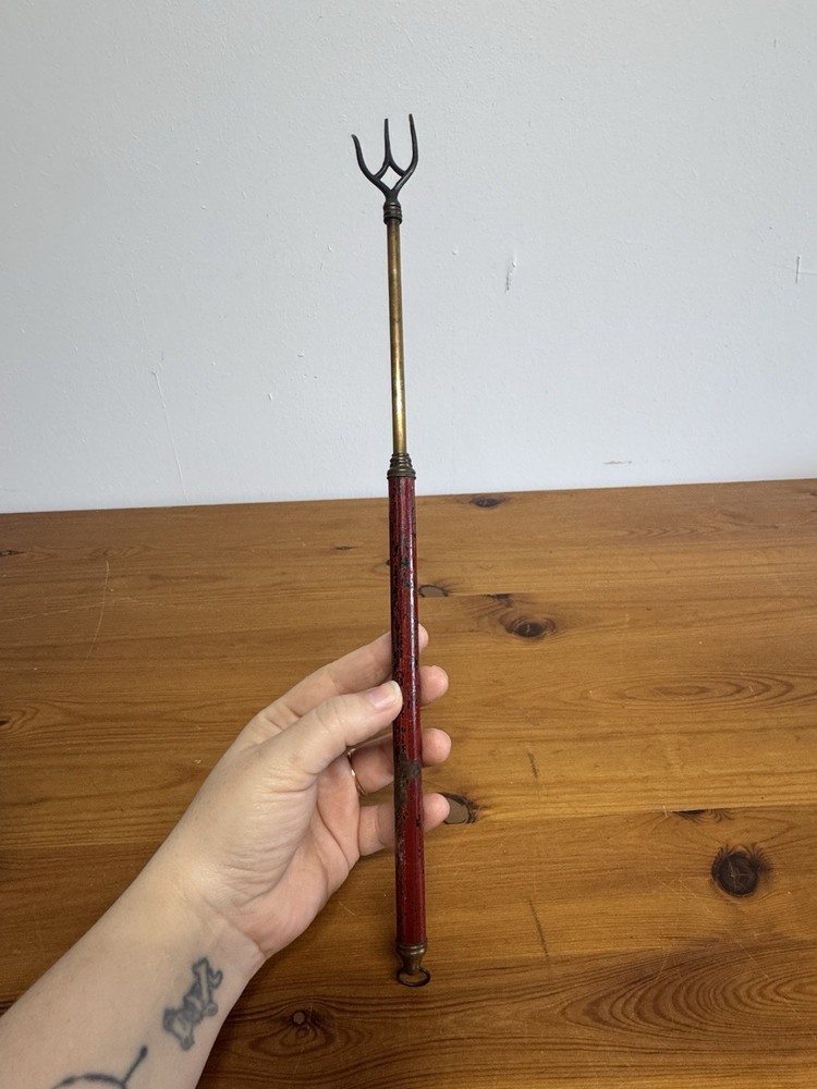 Vintage Fireplace Toasting Fork Red Wood Handle Hearth Tool Iron 18.5”