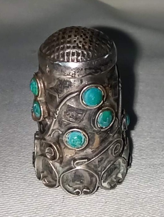 Mexican Silver Thimble With Semi-precious Stones