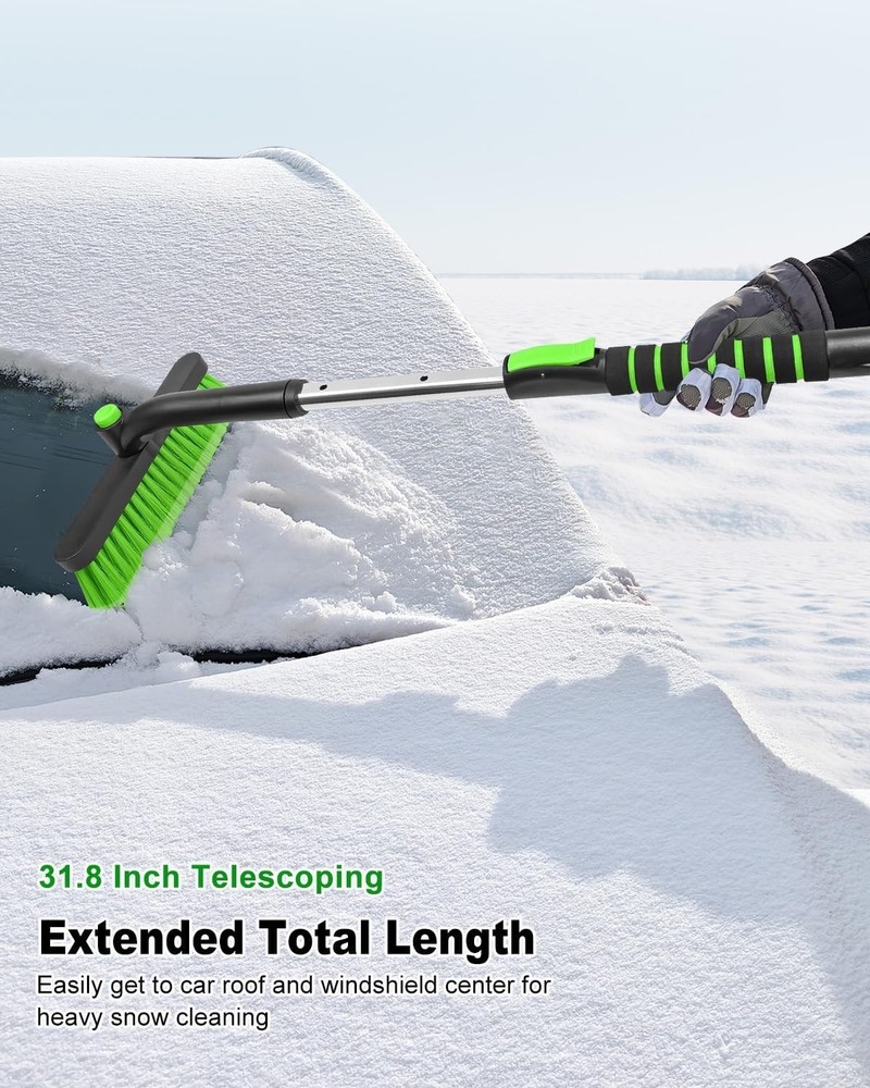 Extendable Snow Brush Ice Scraper Car Windshield Green Rotatable Foam Grip