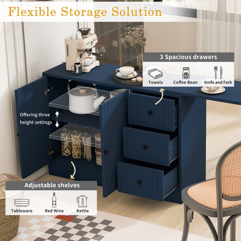 89.7'' Multifunctional Wooden Sideboard (Extendable Table, 2 Doors+3 Drawers)