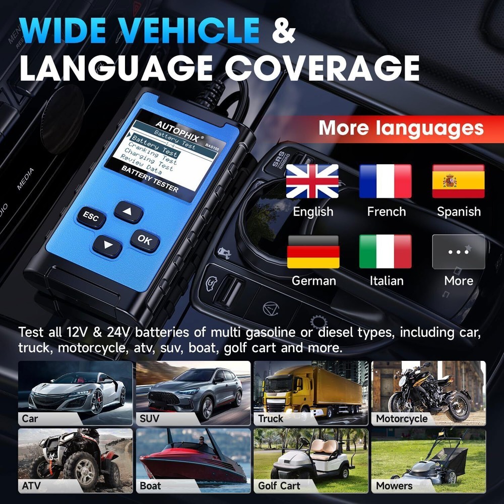 AUTOPHIX BAS100 Car Battery Tester 24V 12V Load Tester Charging System Analyzer