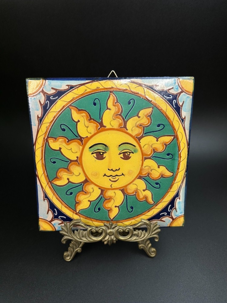 Square Sun Italy Signed Wall Art Tile Terra Cotta Pottery