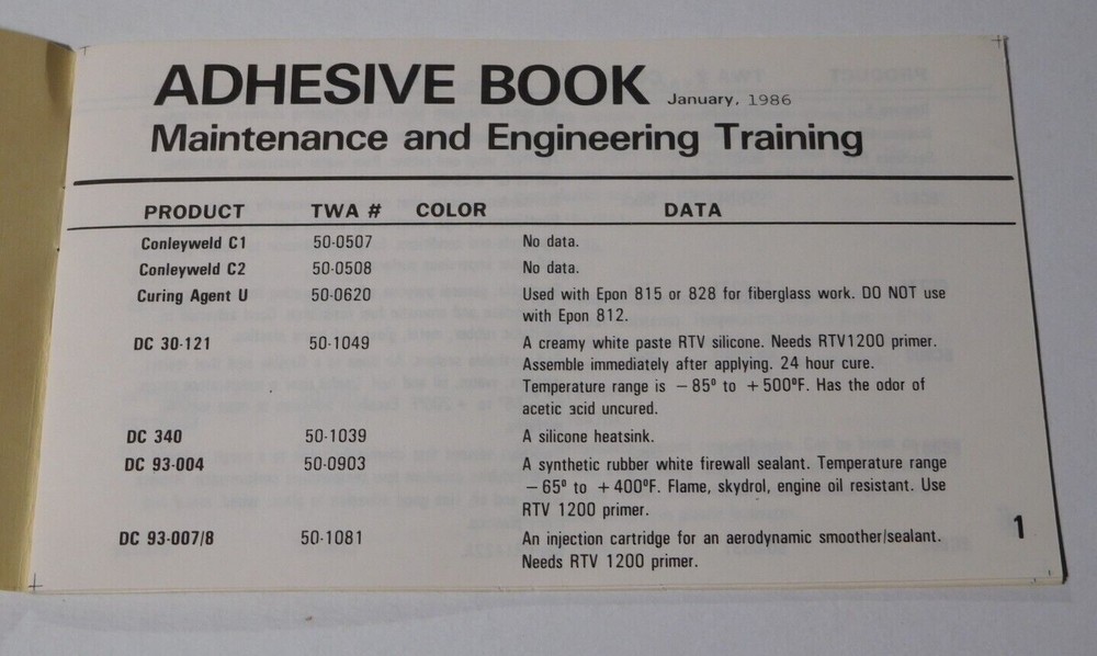 TWA ADHESIVE BOOK MAINTENANCE AND ENGINEERING TRAINING JANUARY 1986