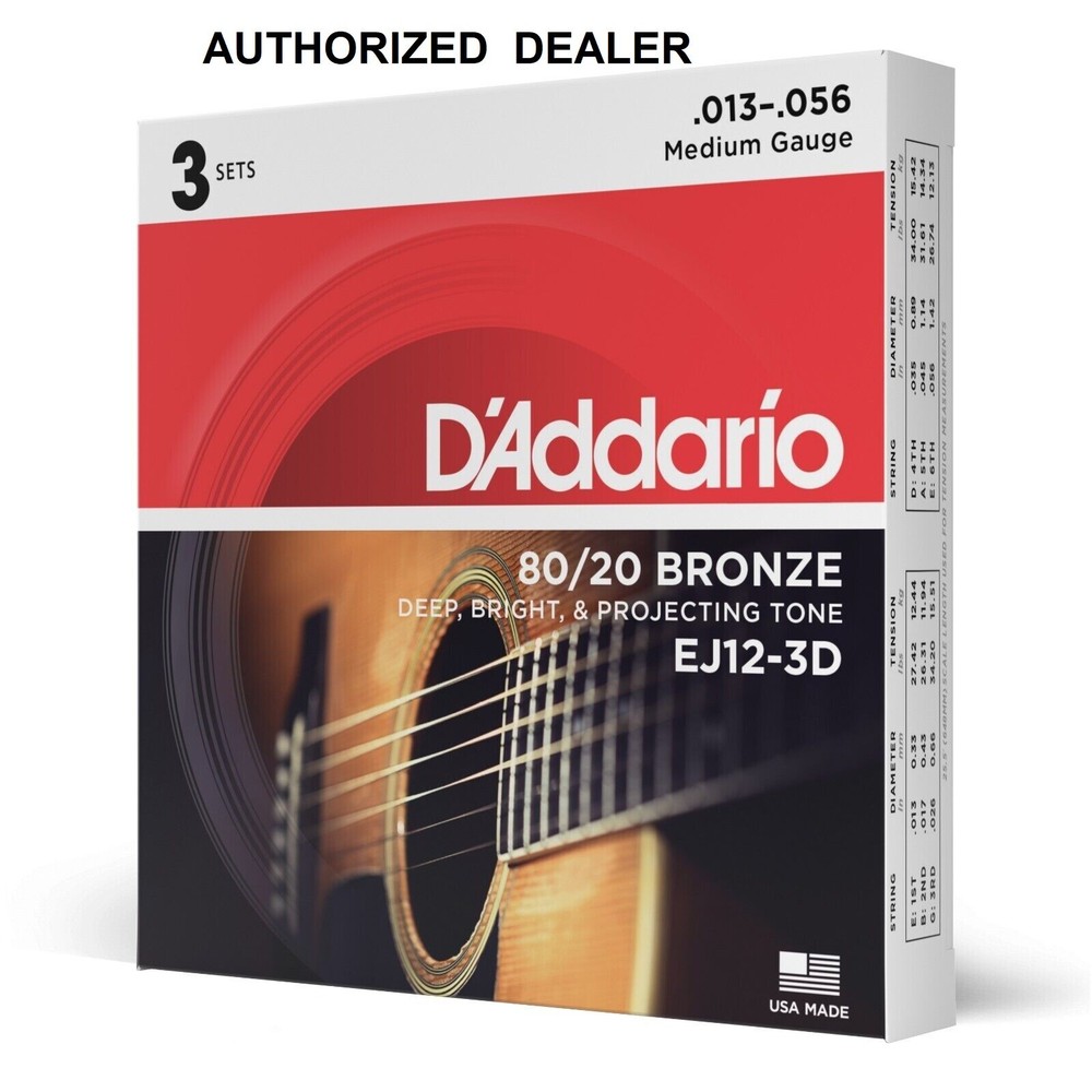 3 Sets D'Addario EJ17 Acoustic Guitar Strings EJ17-3D Phosphor Bronze Medium