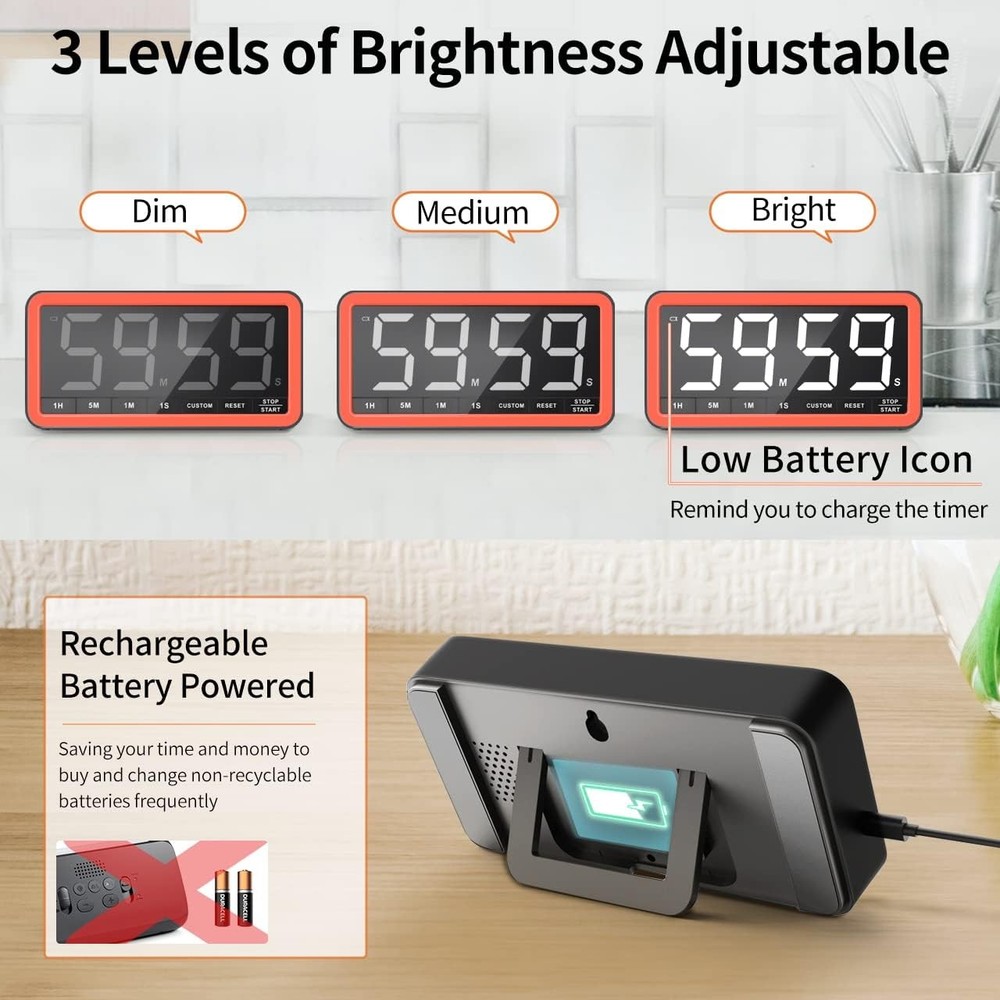 Digital Kitchen Timer with 7.8” Extra Large Display, Magnetic LED, with 3 Bright