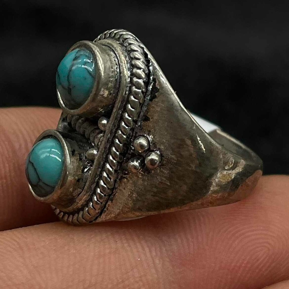 Vintage handmade silver turquoise ethnic ring 85410