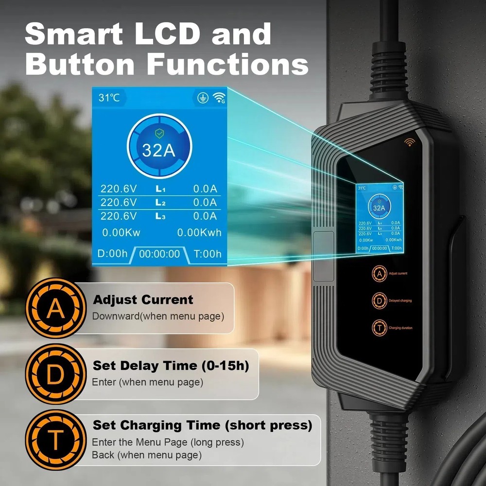 Type 2 Portable EV Charger, 8-32amp, 7kW 1-Phase, 85-264V, APP Version, 8m