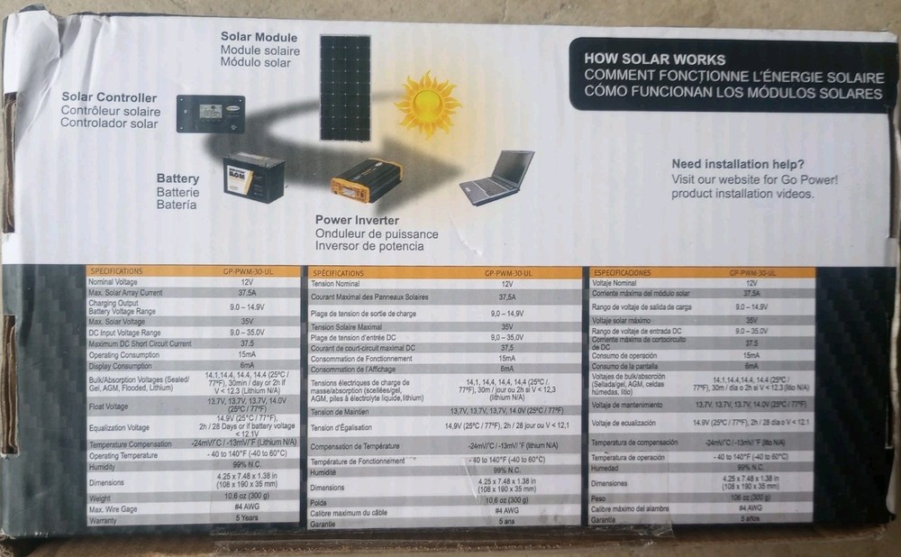 Go Power! GP-PWM-30-UL BlueTooth 30 Amp Solar Regulator