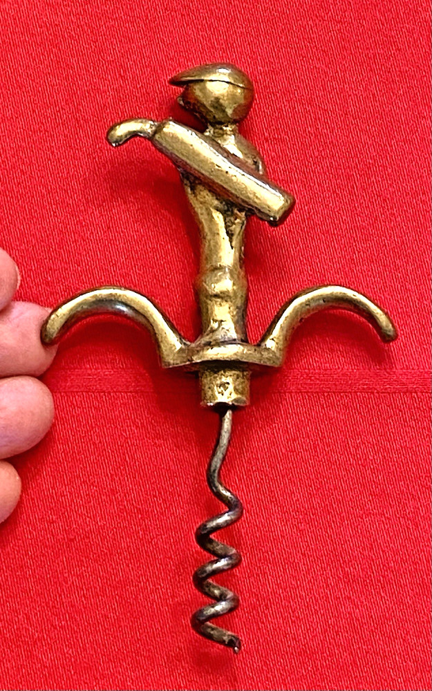 Vintage Solid Brass BOY w UMBRELLA Figural 4-D CORKSCREW 2 Finger Pull, Austria?
