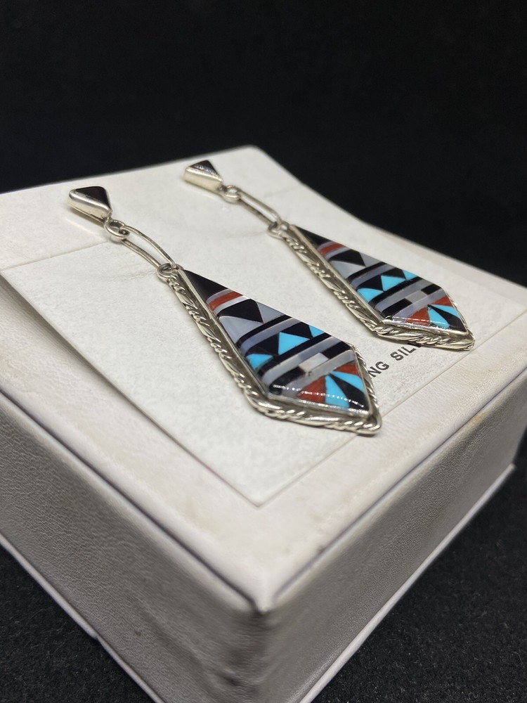 Zuni inlay multicolor / Multi Stone Jet & Turquoise Sterling Silver earrings