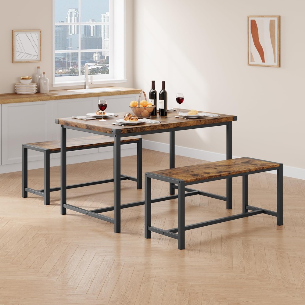 Dining Room Table Set for 4 ,Modern Kitchen Table and 2 Benches for Small Space