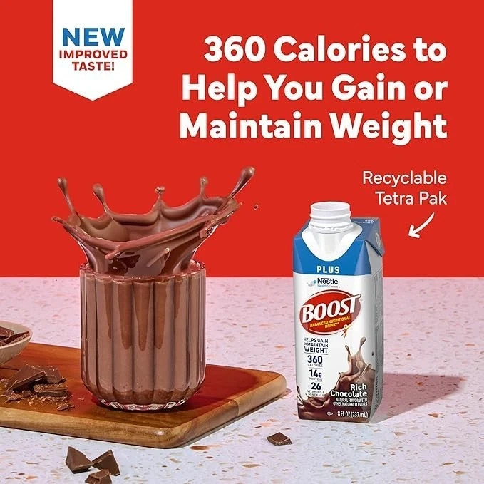 BOOST Plus Nutritional Drink, Rich Chocolate, 8 fl oz (Pack of 24)