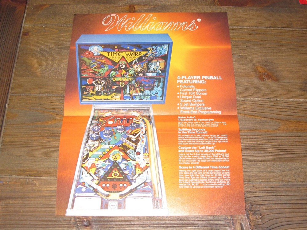 Time Warp Williams Pinball Flyer / Brochure/ Ad Mint