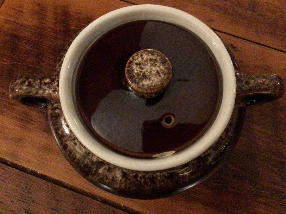 Rubel Bean Pot, Brown Drip Glaze Two Handled Pot + Lid, Rustic Stoneware