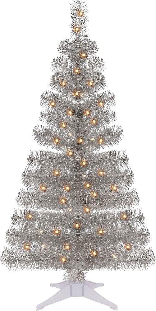 4FT Pre-lit Silver Tinsel Christmas Tree with 70 LED Lights & Timer Functions