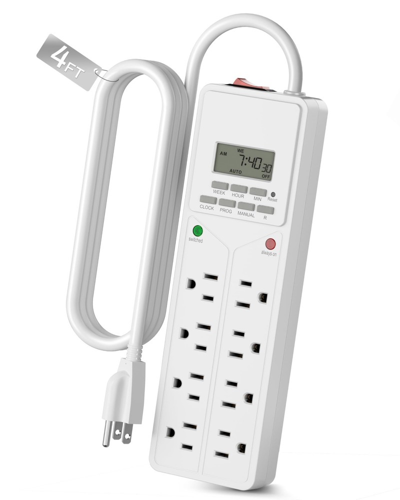 8 Outlet Surge Protector with 7-Day Digital Timer, 4 Timed & 4 Always On, White
