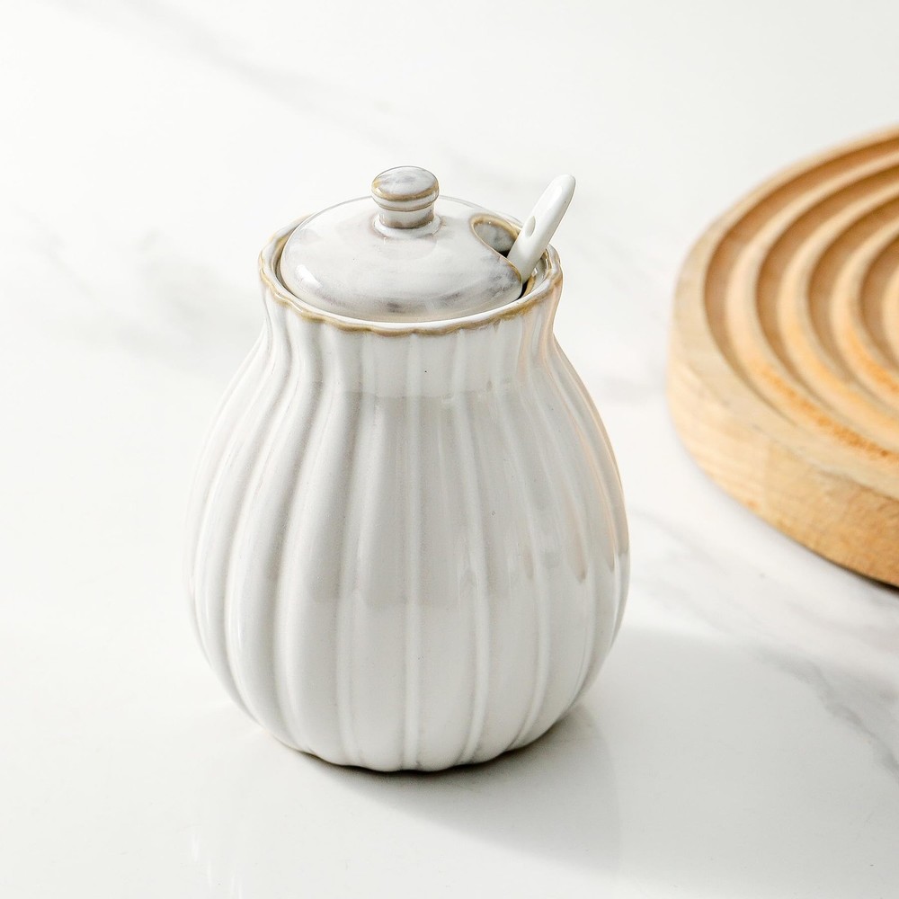 Sugar Bowl With Lid And Spoon Ceramic Container Coffee Bar Dispenser White