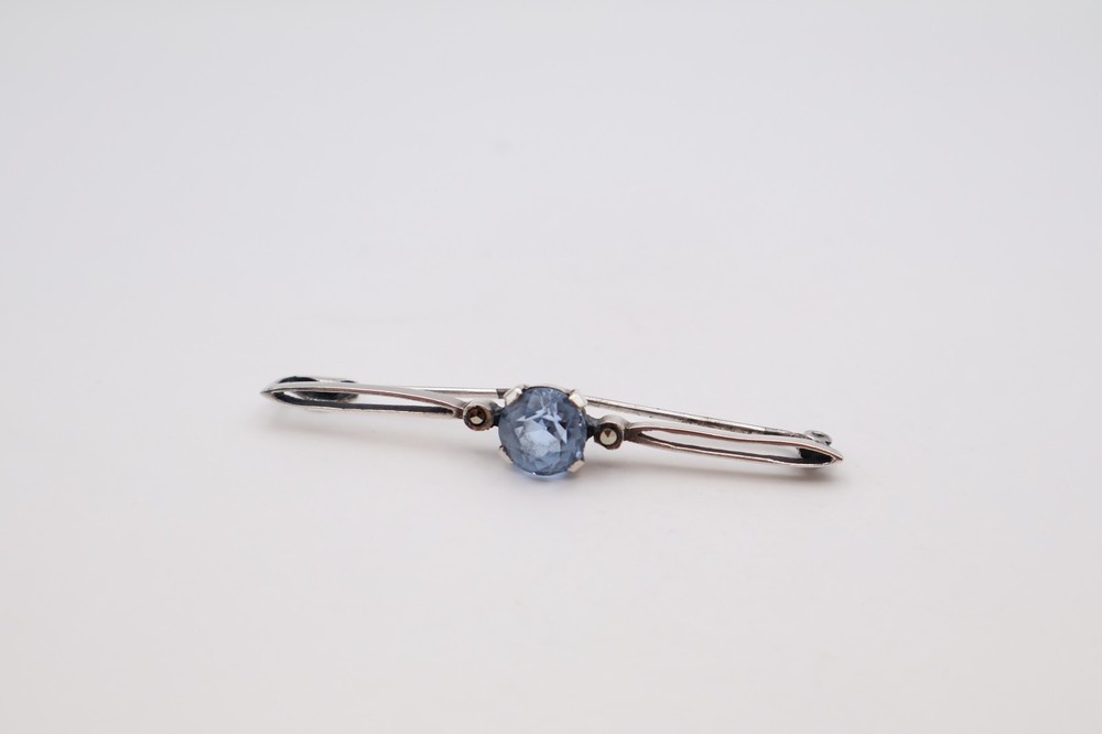 Vintage Silver Bar Brooch with Blue Stone