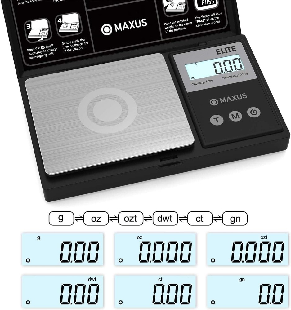 MAXUS Digital Pocket Gram Scale 500g x 0.01g High Precision Compact, Black