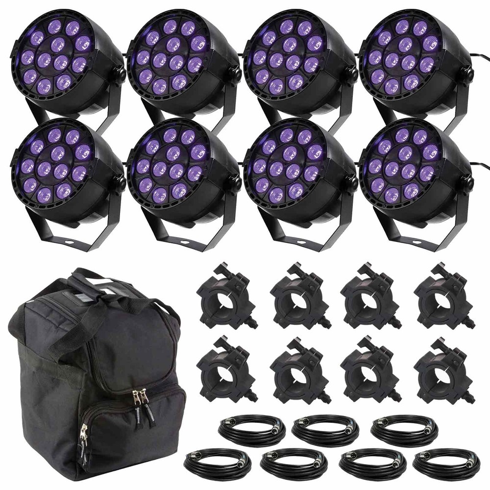 Eliminator Mini Par UV LED Effect Par Lights (8 Pack) + Case + Clamps + Cables