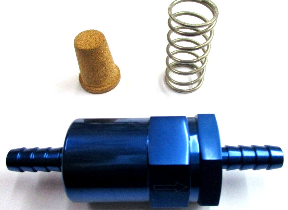 Fuel Filter, Billet inline cleanable element  3/8" Barbed  Polished Blue Alum