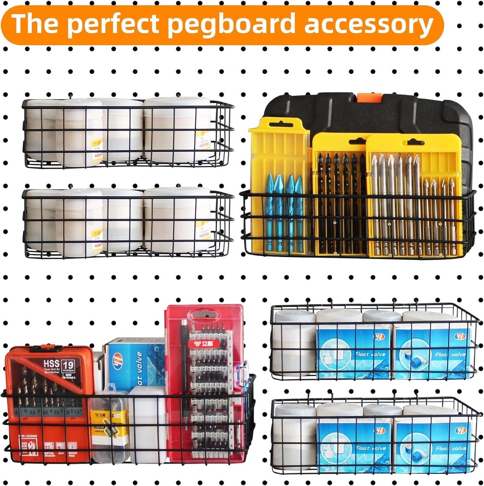 4 Pack Pegboard Baskets Hooks Set, Square Style 4 Size Peg Board Organizer Baske