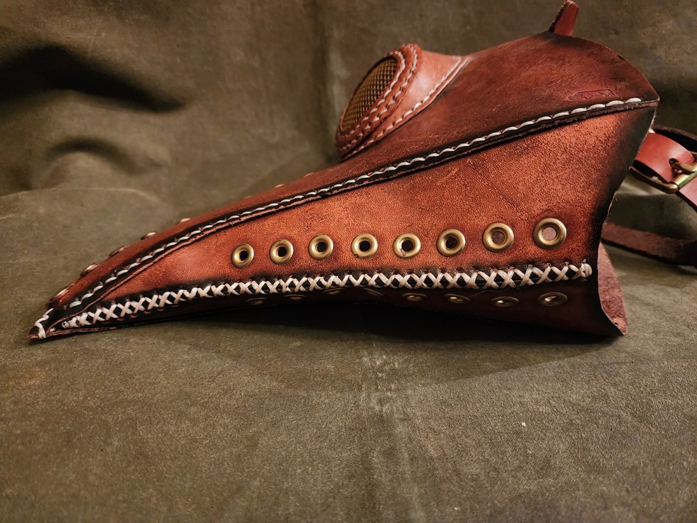 PLAGUE MASK, LEATHER WITH BRASS HARDWARE, HANDCRAFTED, AUTHENTIC CHARACTER .
