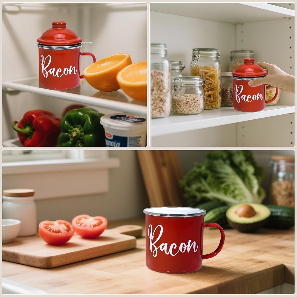 Bacon Grease Container with Strainer - 46oz Enamel 46oz, Red