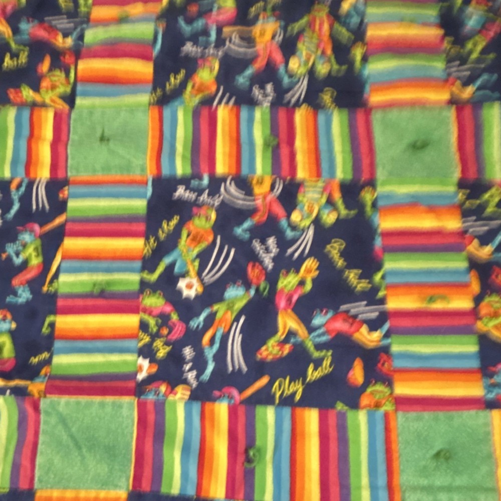 Handmade Multicolor Embroidered Patchwork Baseball Frog Sports Theme Quilt