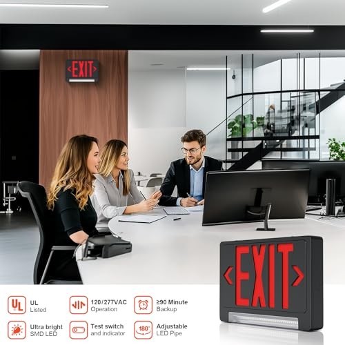 Adjustable LED Exit Sign with Emergency Light Bar, Hardwired, Battery Backup, UL