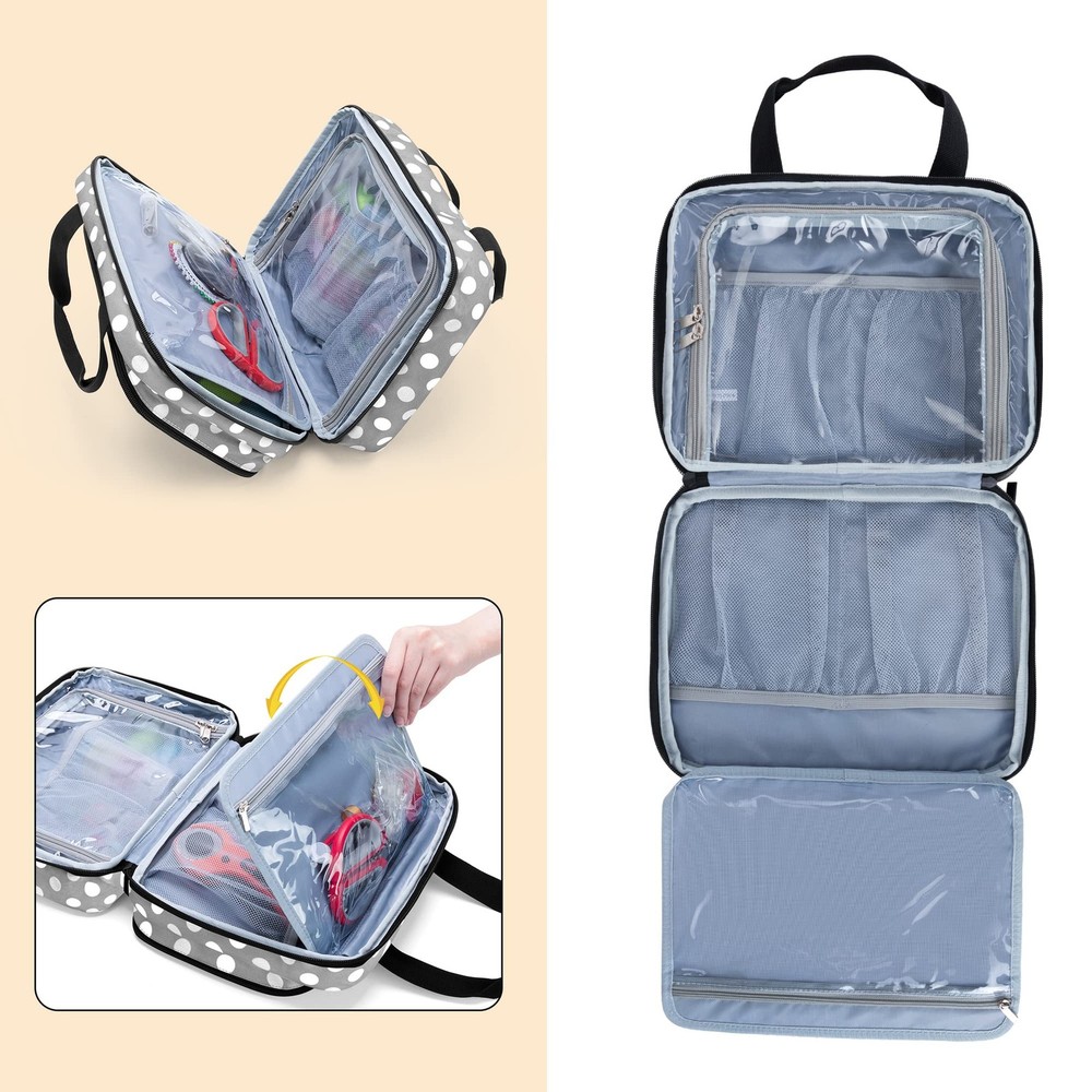Large Sewing Organizer 3 Inner Sections Foldable Storage Pockets Polka Dots