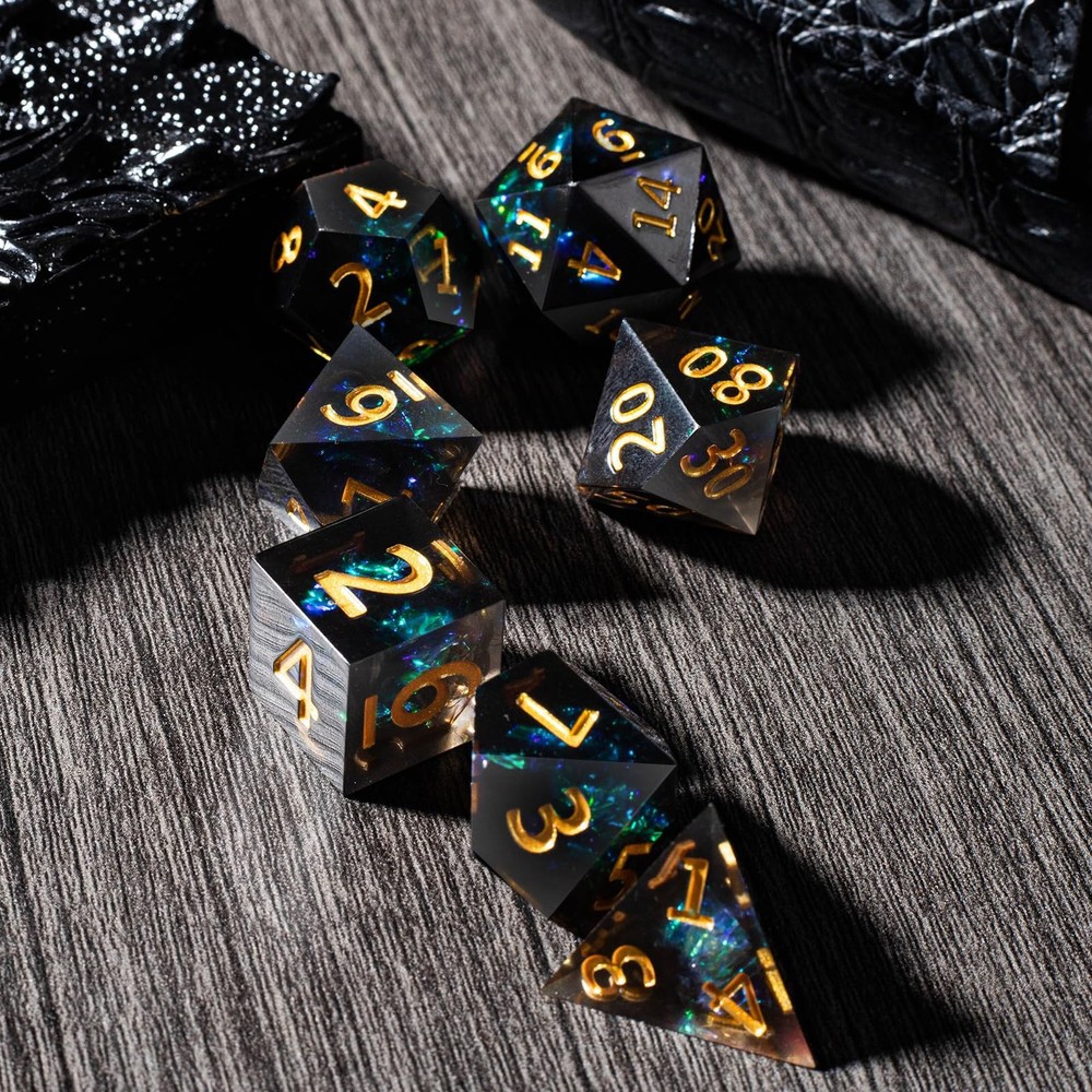 Resin DND Dice Set, 7 Pieces Handmade Sharp Edge Polyhedral Dice for Dungeons...