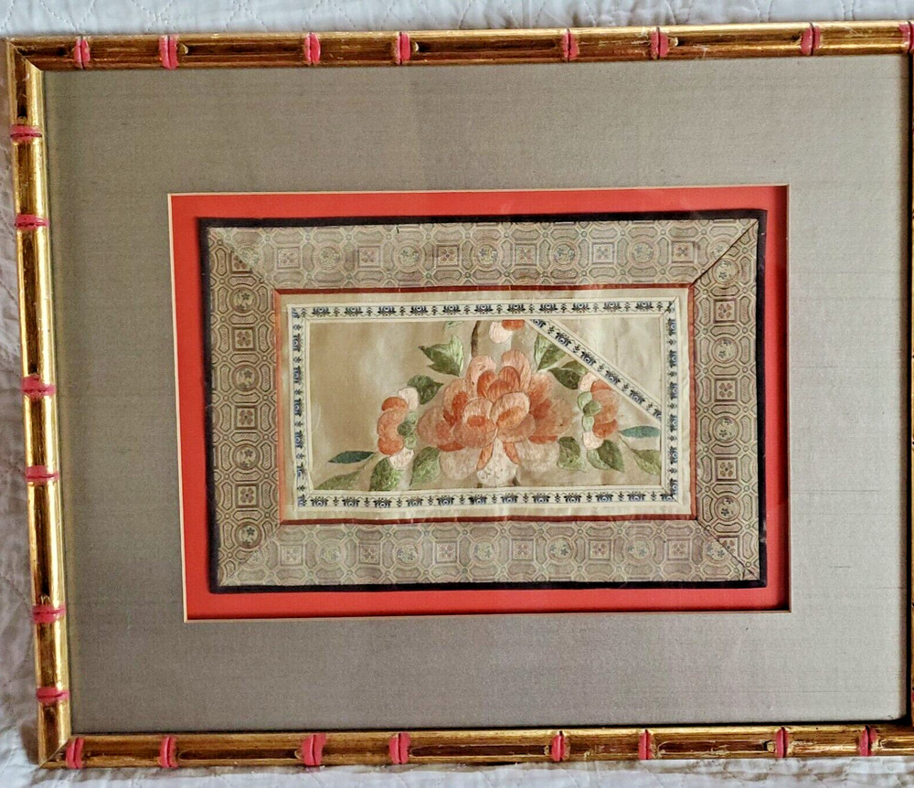 Chinese Silk Peony Hand Embroidered Framed Panel Square wShadow Box Effect 21x17