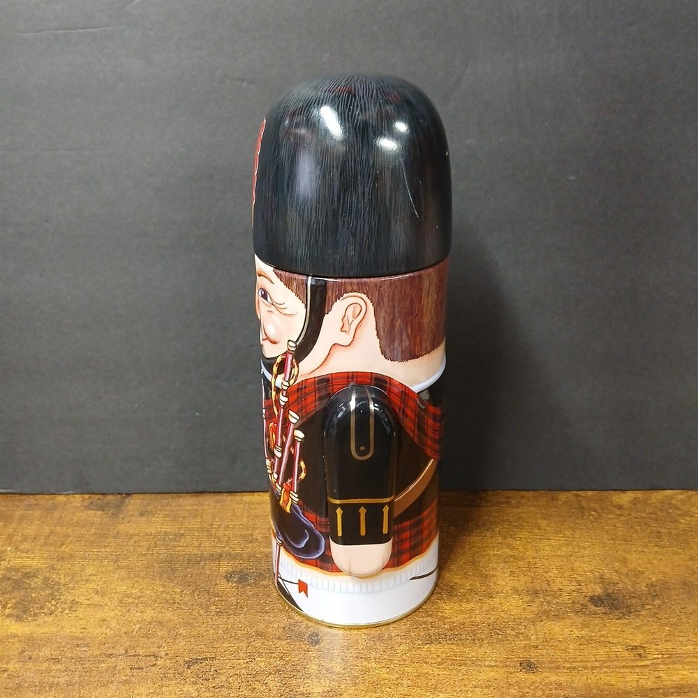 Cookie Tin Scottish Highlander Bagpipe 9 1/4" Nutcracker Round Cylinder Decor