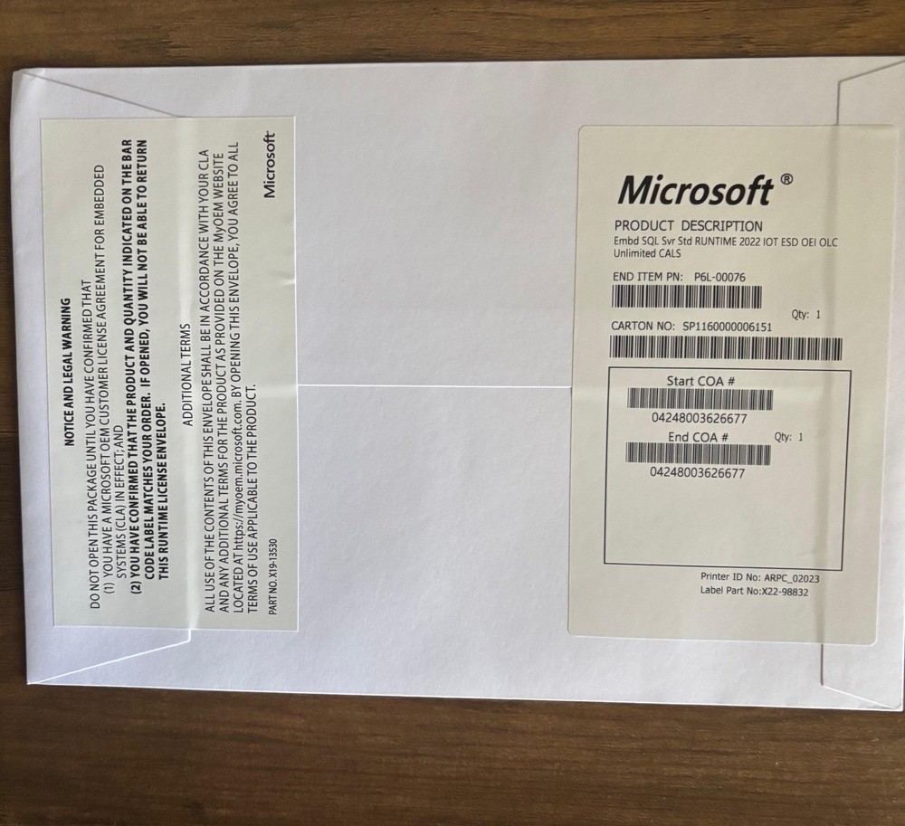 SQL Server Standard 2022 IoT OEM Runtime Kit (ENGLISH) DVD+Docs+Hardware