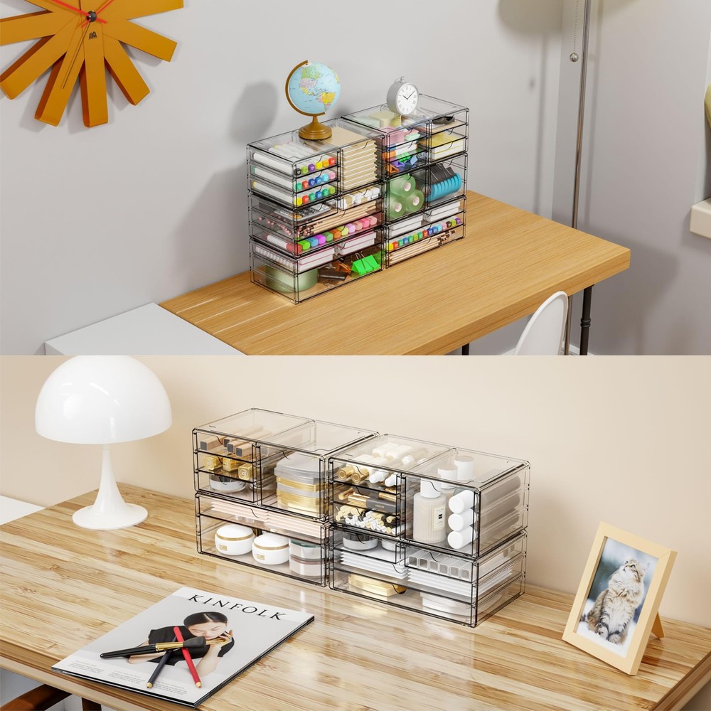 2 Pack Acrylic Storage Drawers With 6 Drawers,Stackable Desk Organizer and Ma...