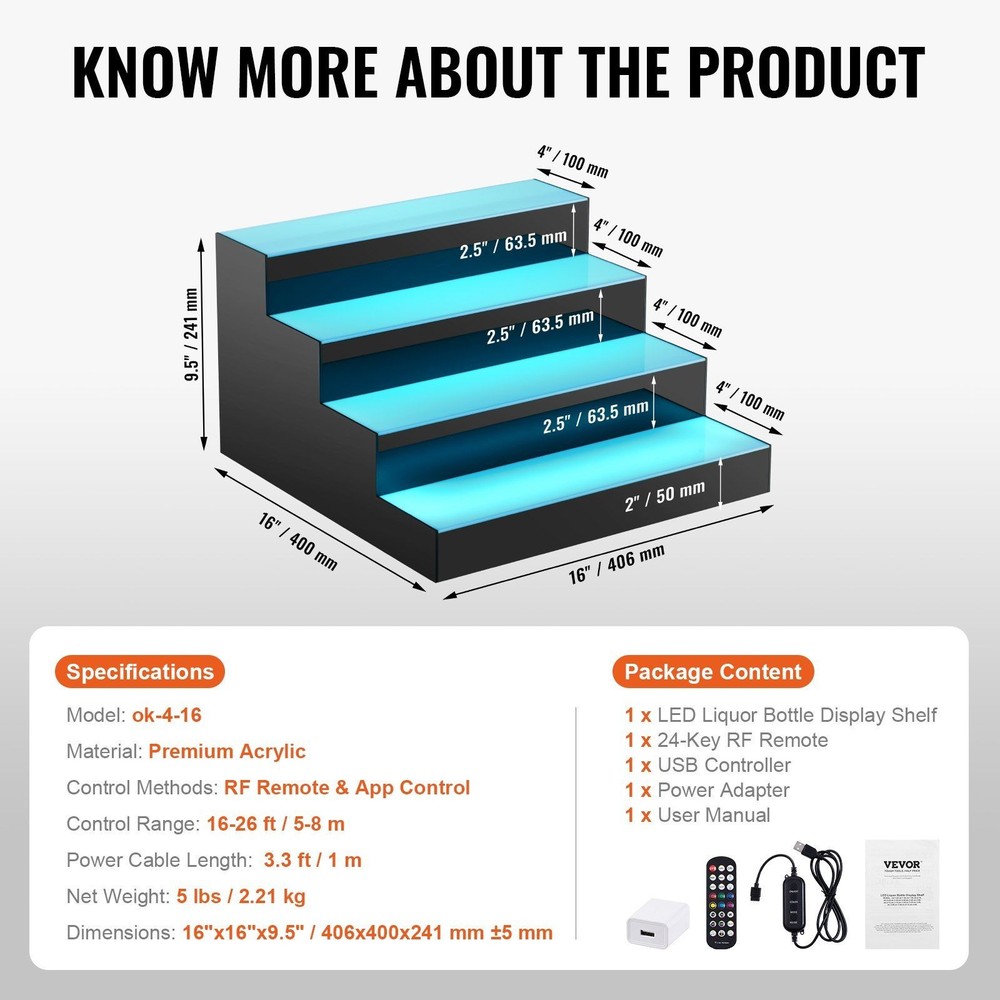 16" 4-Tier LED Illuminated Bottle Display Shelf, RF & App Control
