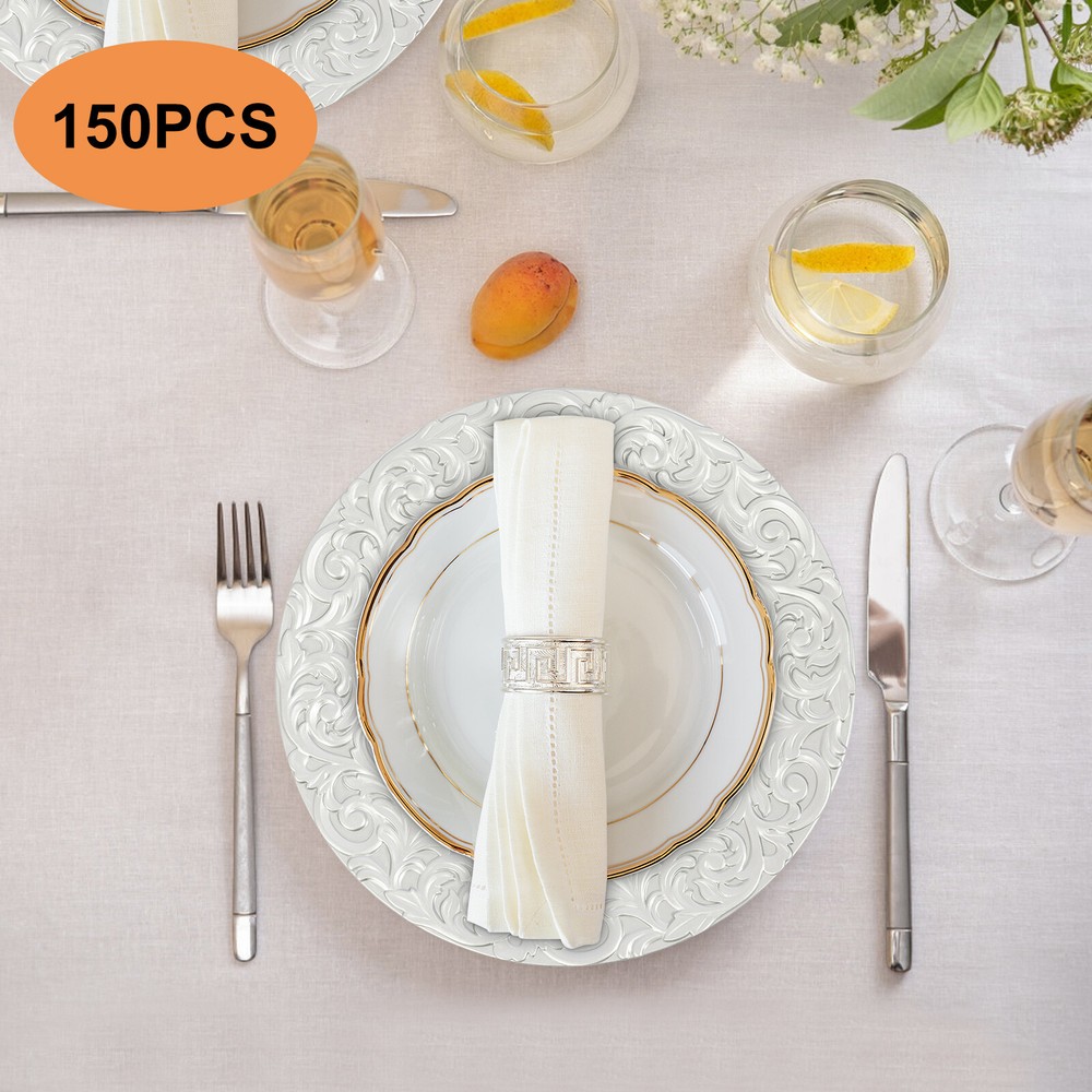 150pcs Plates Set, Silver Round Plates with Patterns, Reusable, for Restaurant