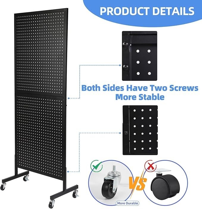 2'x5' Standing Pegboard Display with T-Base & Wheels, Extra 10 Hooks - Blac