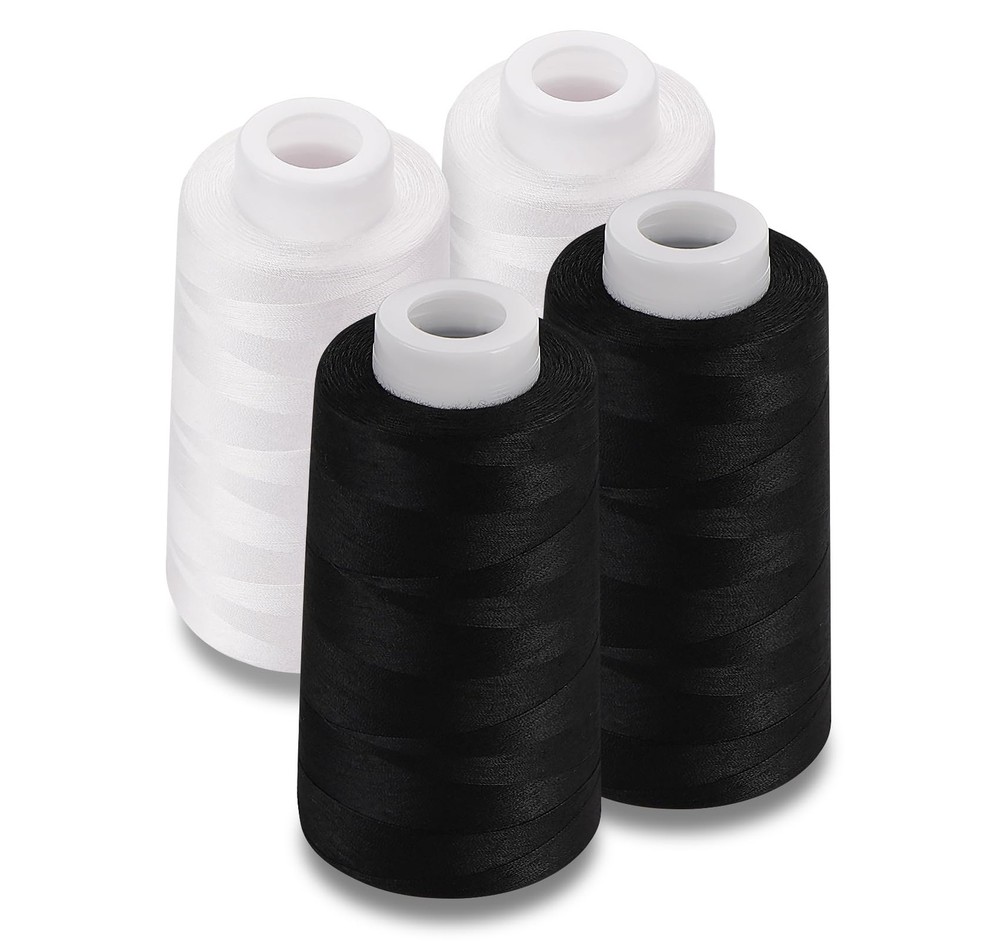 Serger Thread 4 Cones 3000 Yards Polyester Spool 40S/2 Black White Sewing