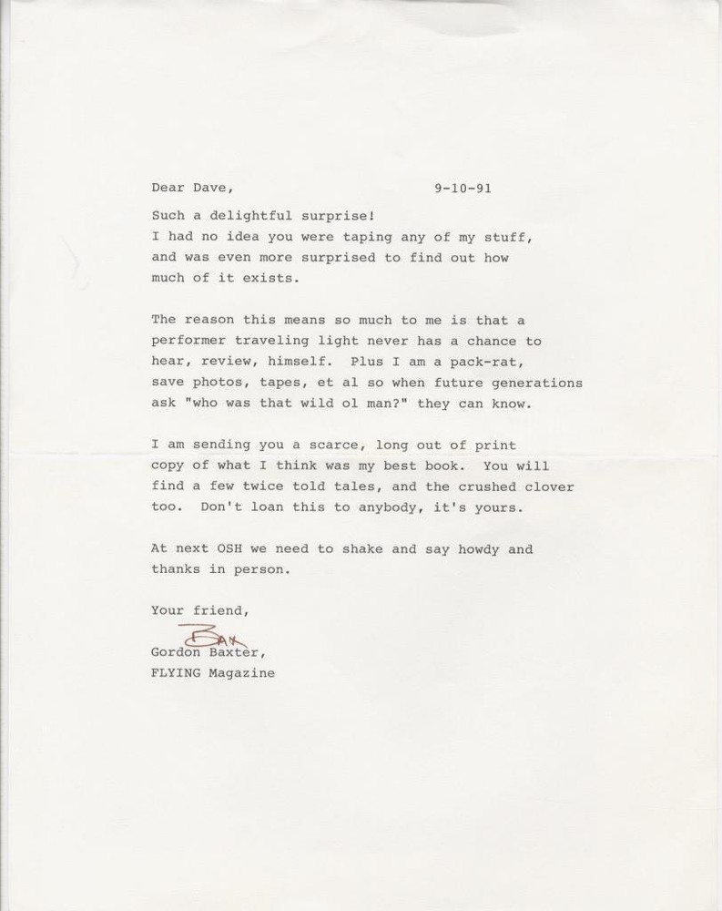 GORDON BAXTER-ORIGINAL AUTOGRAPHED LETTER-FLYING MAGAZINE