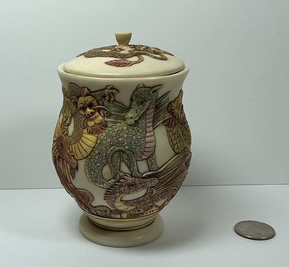 Jardinia Dragon ‘Fire Crackers’ Approximately 5”X6” Lidded Jar