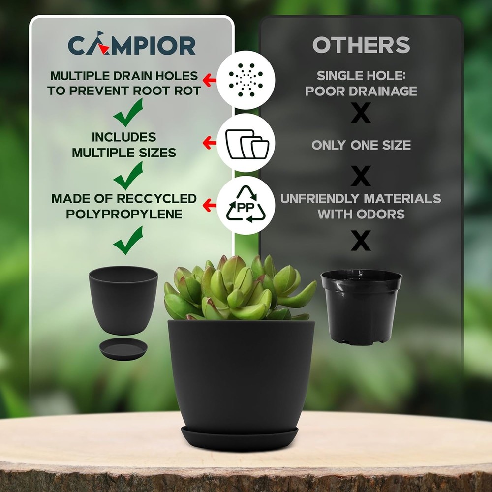 Campior Plastic Plant Pots with Drainage, Stackable Design Indoor/Outdoor Use